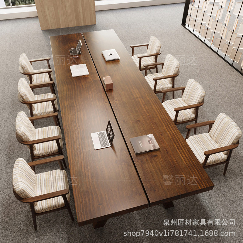 全实木会议桌办公室多人洽谈桌椅组合现代简约办公桌大板长条桌子图片