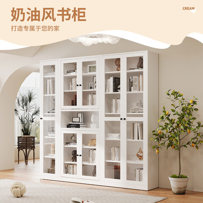 组合书柜玻璃门收纳柜落地展示柜客厅陈列柜家用奶油风多功能柜子图片