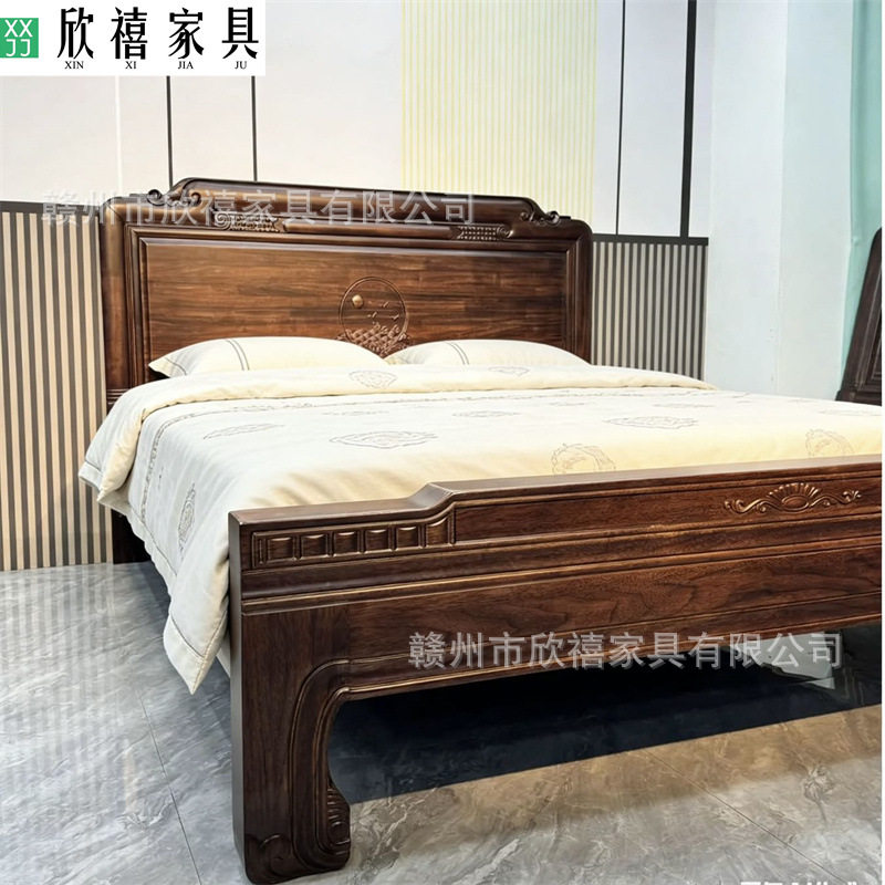 榫卯结构实木床新中式2m卧室双人大床中式仿古典雕花1.8m老虎脚床图片
