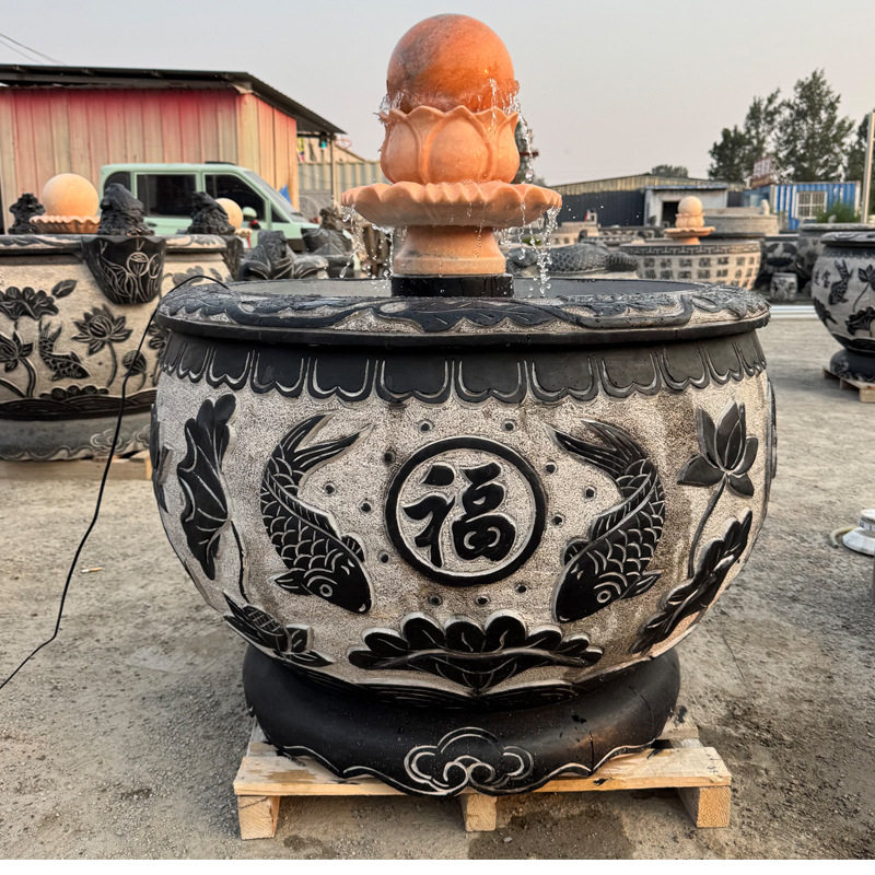 石雕鱼缸青石仿古门海大理石荷花缸养鱼水缸莲花流水别墅庭院摆件图片