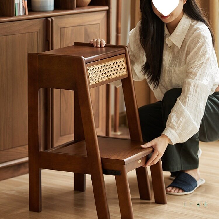 藤编折叠实木两步梯凳家用多功能两用登高稳步梯子阶梯凳图片