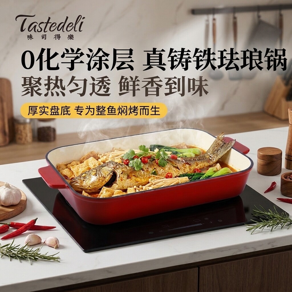 铸铁珐琅烤鱼盘长方形加深烤鱼盘
