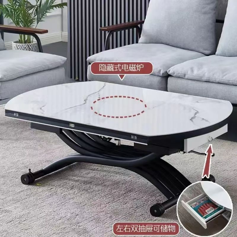 多功能升降茶几餐桌两用一体式小户型客厅圆形可移动折叠岩板家用图片