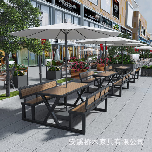 户外连体桌椅休闲带靠背组合景区连体桌椅咖啡厅露天庭院铁艺长凳