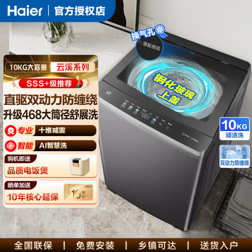 海尔云溪10KG双动力波轮洗衣机全自动家用直驱防缠绕精华洗6VE2