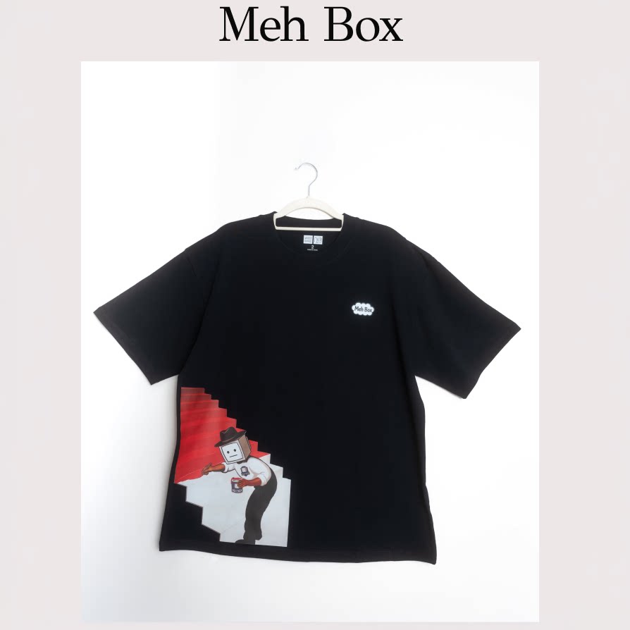 Meh Box原创卡通风油漆工黑色短袖T恤男女通用宽松印花上衣潮牌