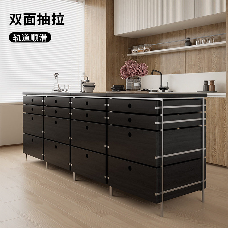留白小户型实木斗柜黑色家用咖啡柜中古卧室床头柜不锈钢餐边柜子