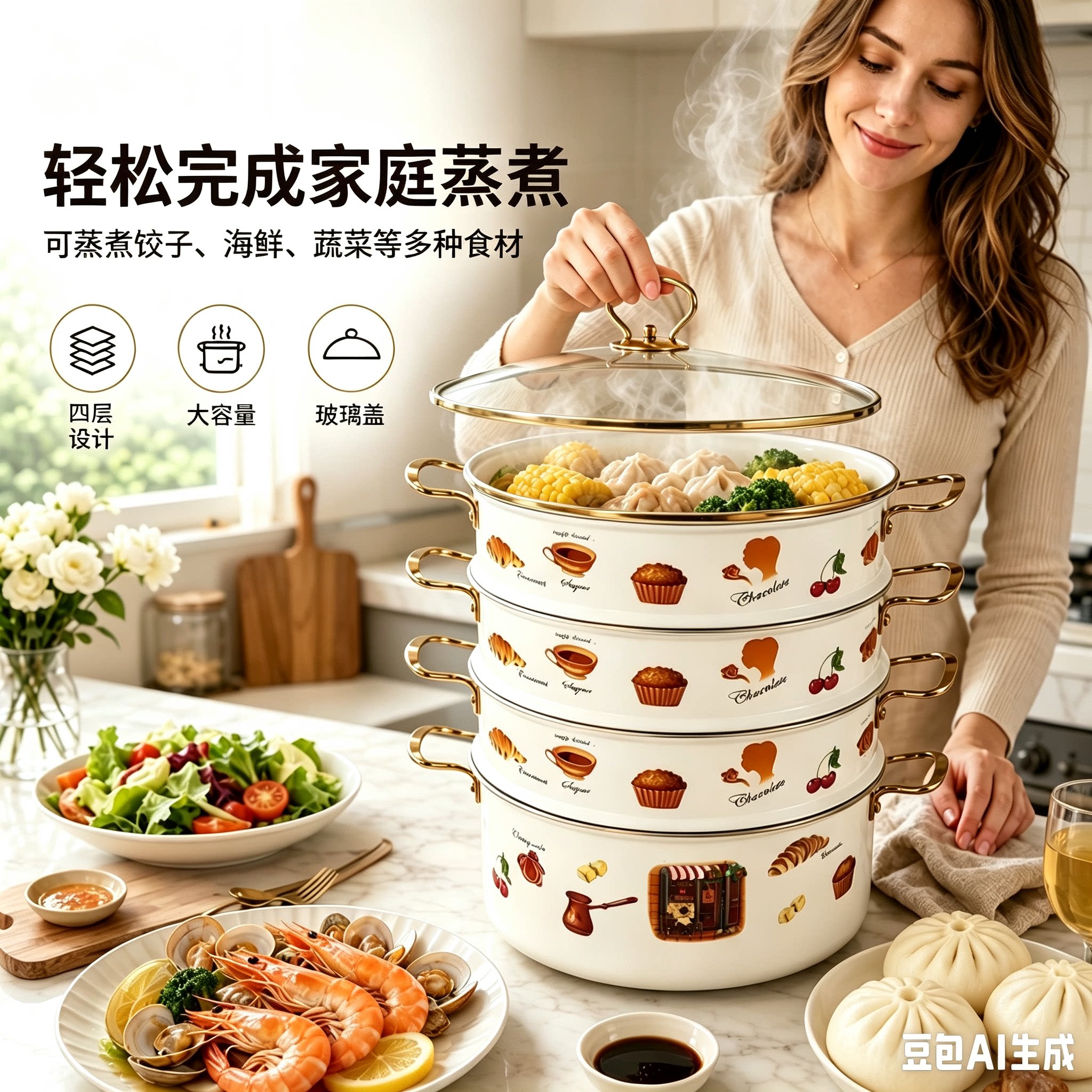 食品级搪瓷四层蒸锅套装大容量
