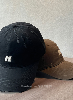 N字母刺绣破洞棒球帽女美式复古水洗磨边软顶鸭舌帽街头显脸小