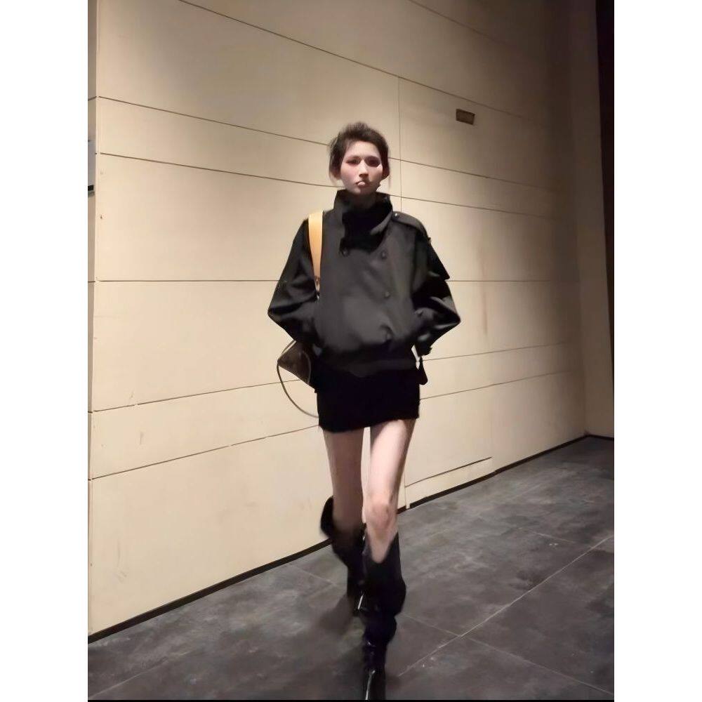 黑色廓形短款风衣女2026秋季新款小个子高级感宽松外套巨好看的