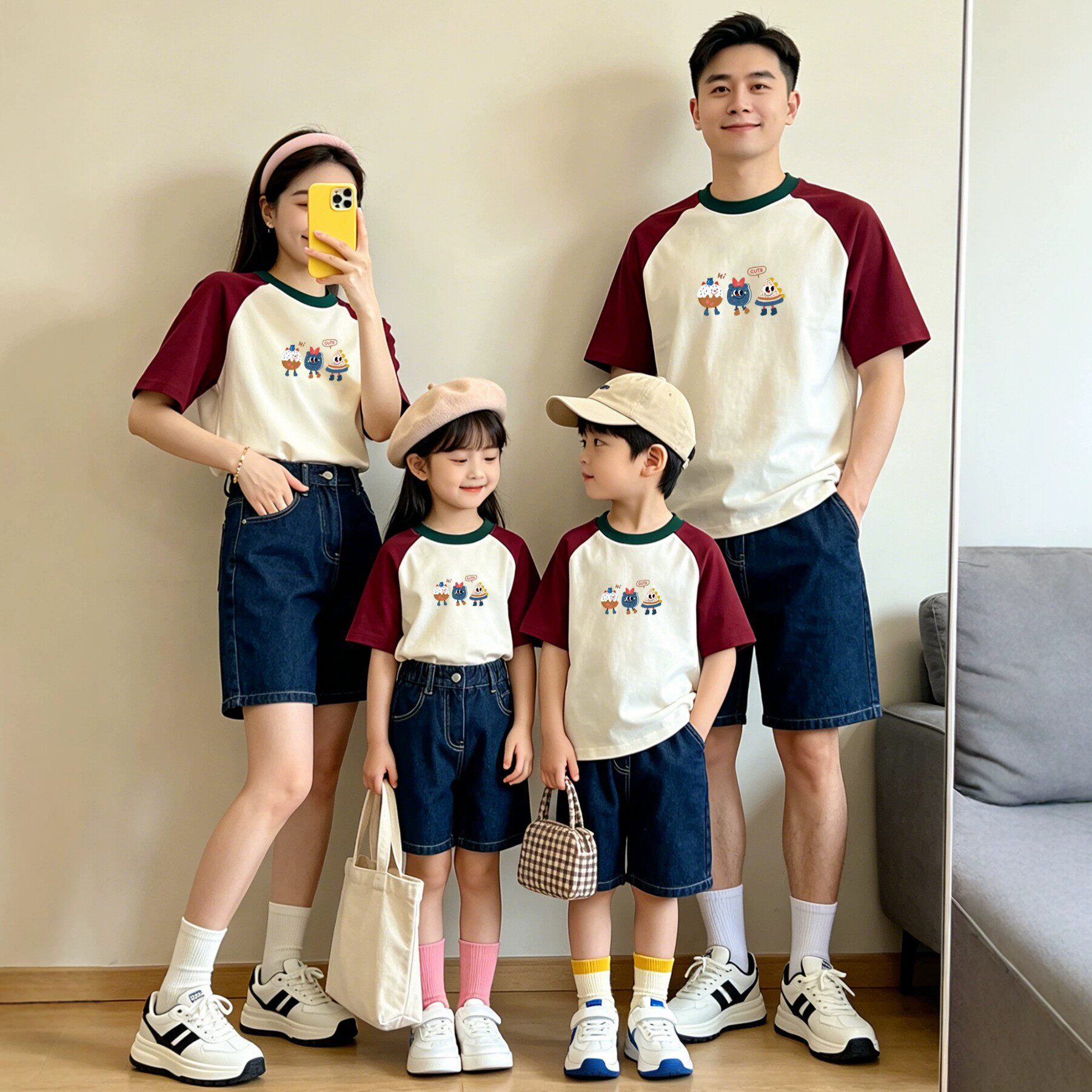 夏季卡通印花拼色T恤家庭百搭上衣全家福活动旅游拍照度假亲子装
