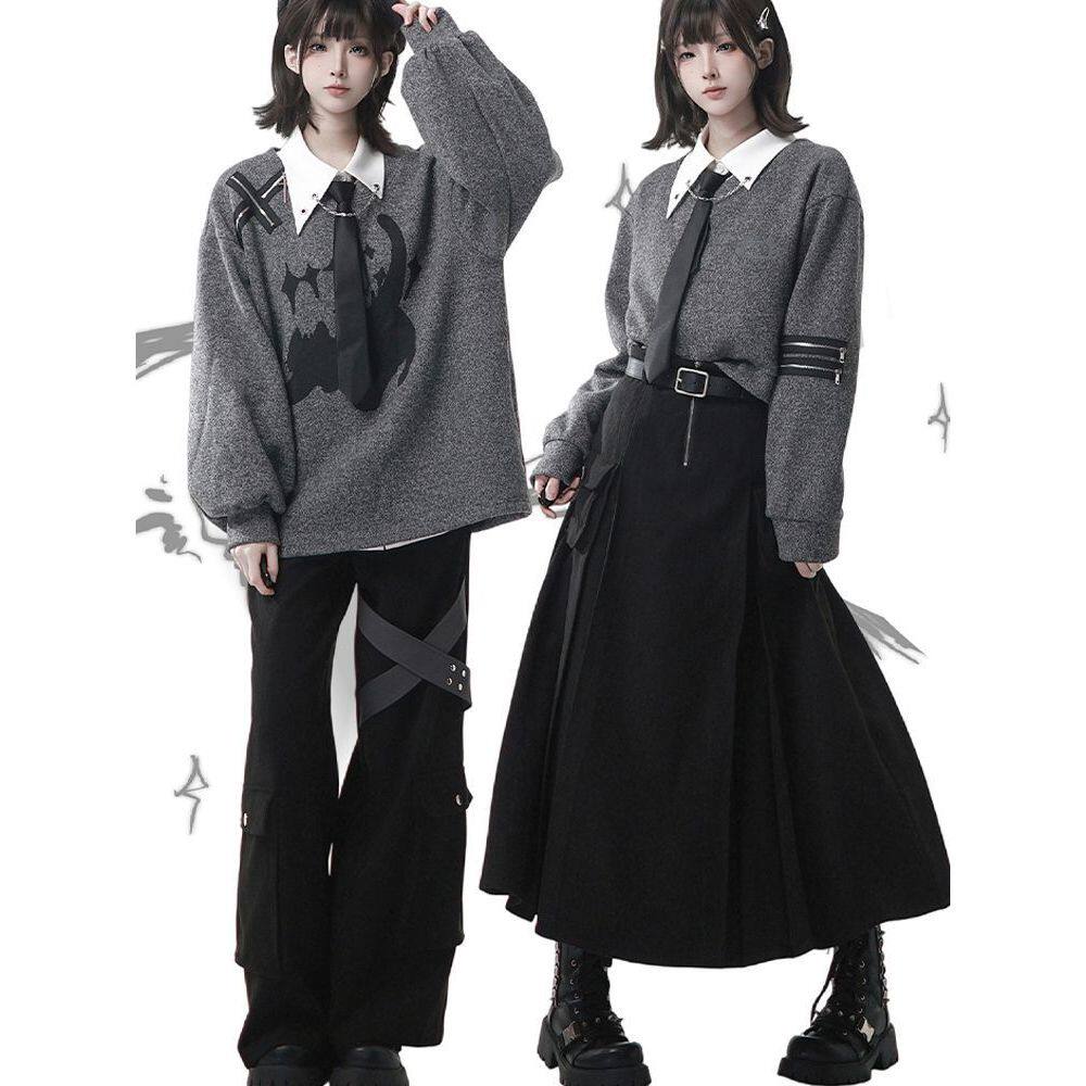 【少年日志】灰色冬日学院风设计感卫衣+半身裙/长裤+内搭套装女