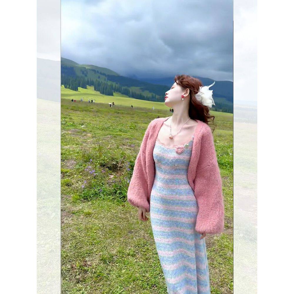 法式甜美条纹连衣裙针织开衫女慵懒气质休闲两件套度假风