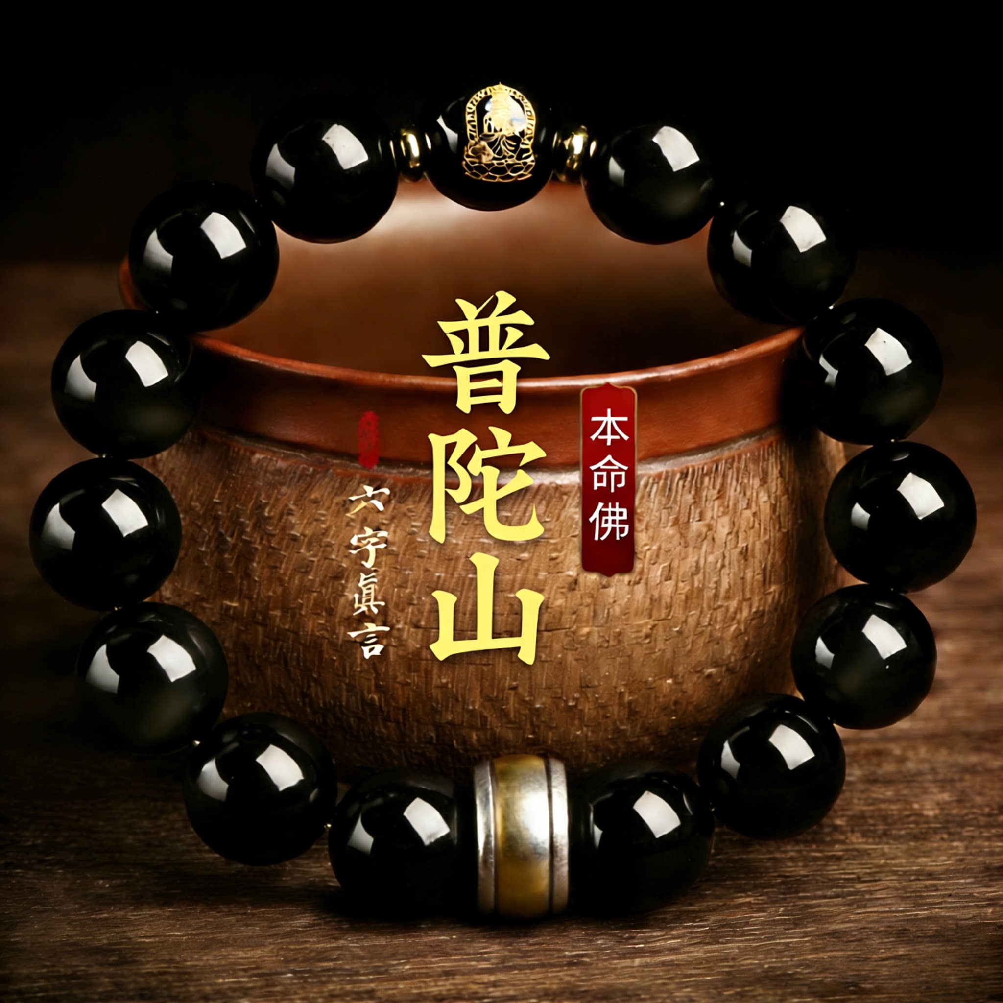 普陀山文创乌金黑曜石手串