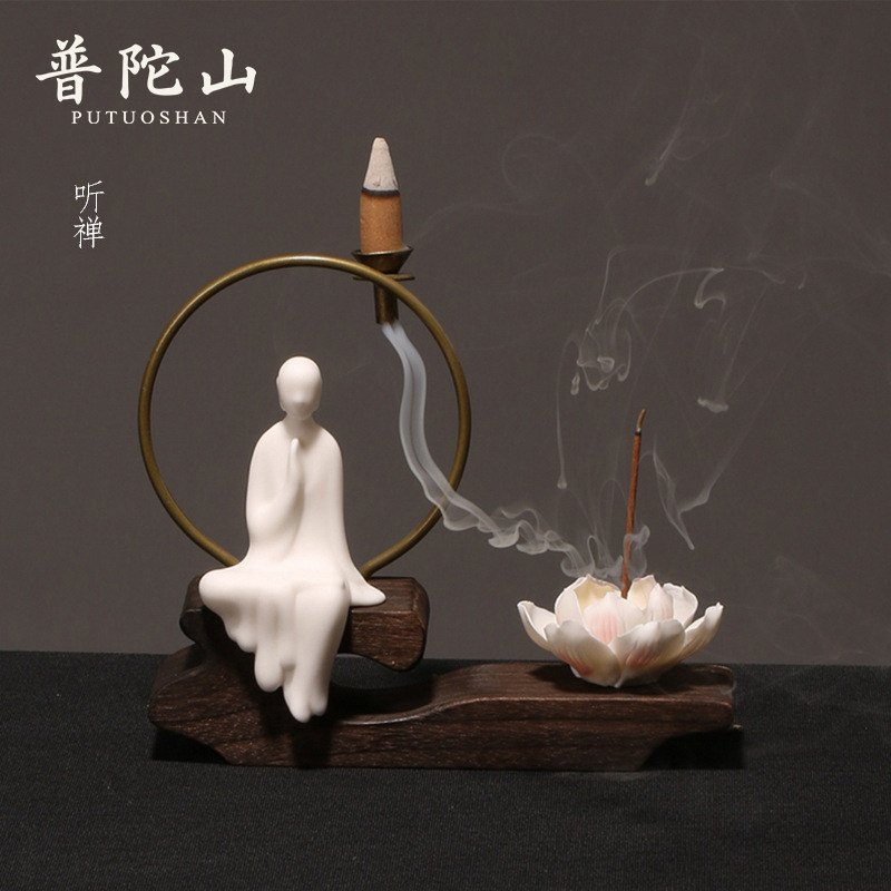 普陀山创意中式无相佛像倒流香炉香插家用陶瓷摆件禅意茶席檀香炉图片
