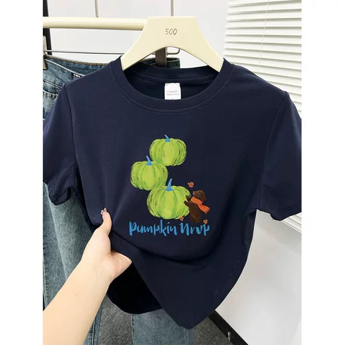 洋气南瓜印花短袖T恤女圆领宽松显瘦百搭上衣