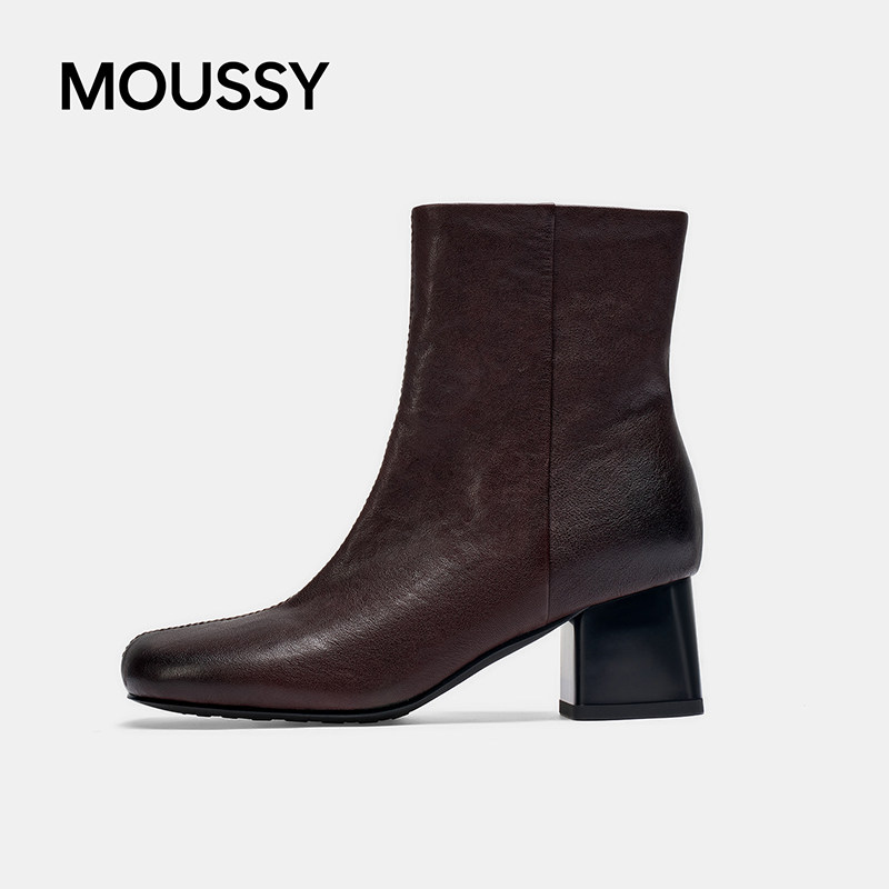 MOUSSY柔软小牛皮短靴方头粗跟