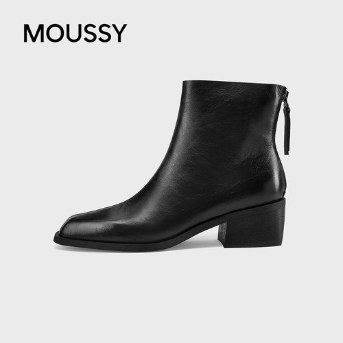 MOUSSY真皮尖头粗跟瘦瘦短靴女