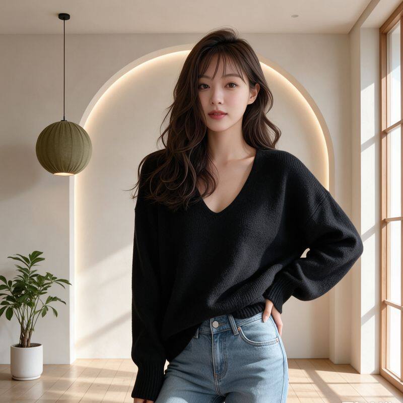 经典黑色宽松V领毛衣女秋冬韩版