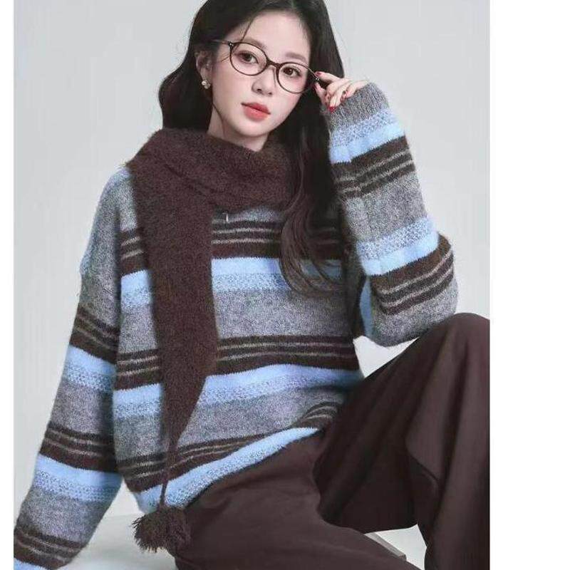 日系文艺条纹毛衣女秋冬学生披肩