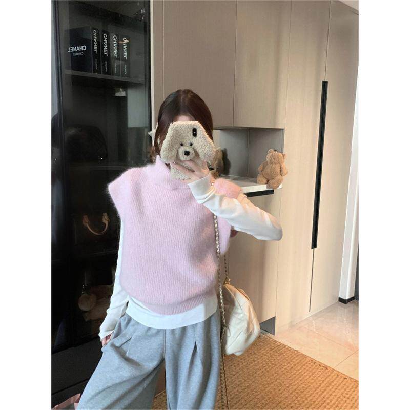 粉色高领无袖背心马甲针织女款毛