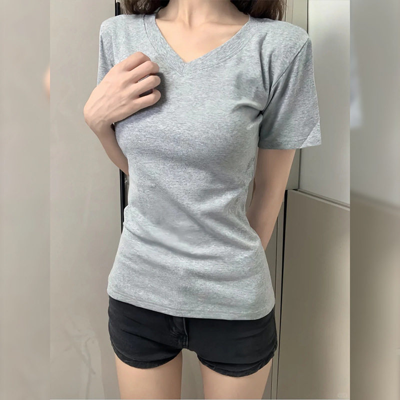 纯棉v领短袖t恤女夏2026新款白色内搭修身显瘦掐腰半袖薄正肩上衣
