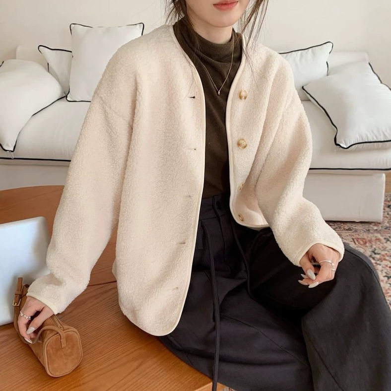 女装仿羊羔绒摇粒绒休闲开衫长袖宽松保暖抓绒外套2026秋冬款绒衣
