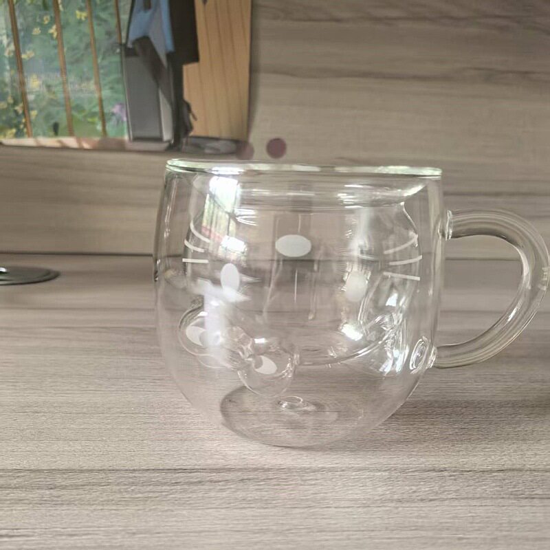 卡通小猫双层带把手咖啡杯合口隔热用学生果汁杯高硼硅玻璃杯