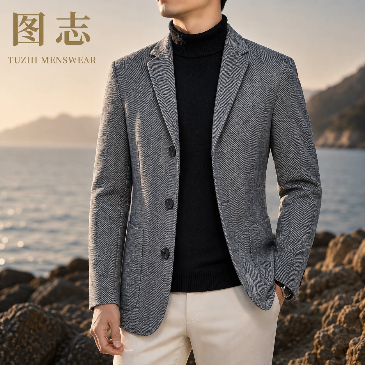 图志男士韩版修身毛呢西服