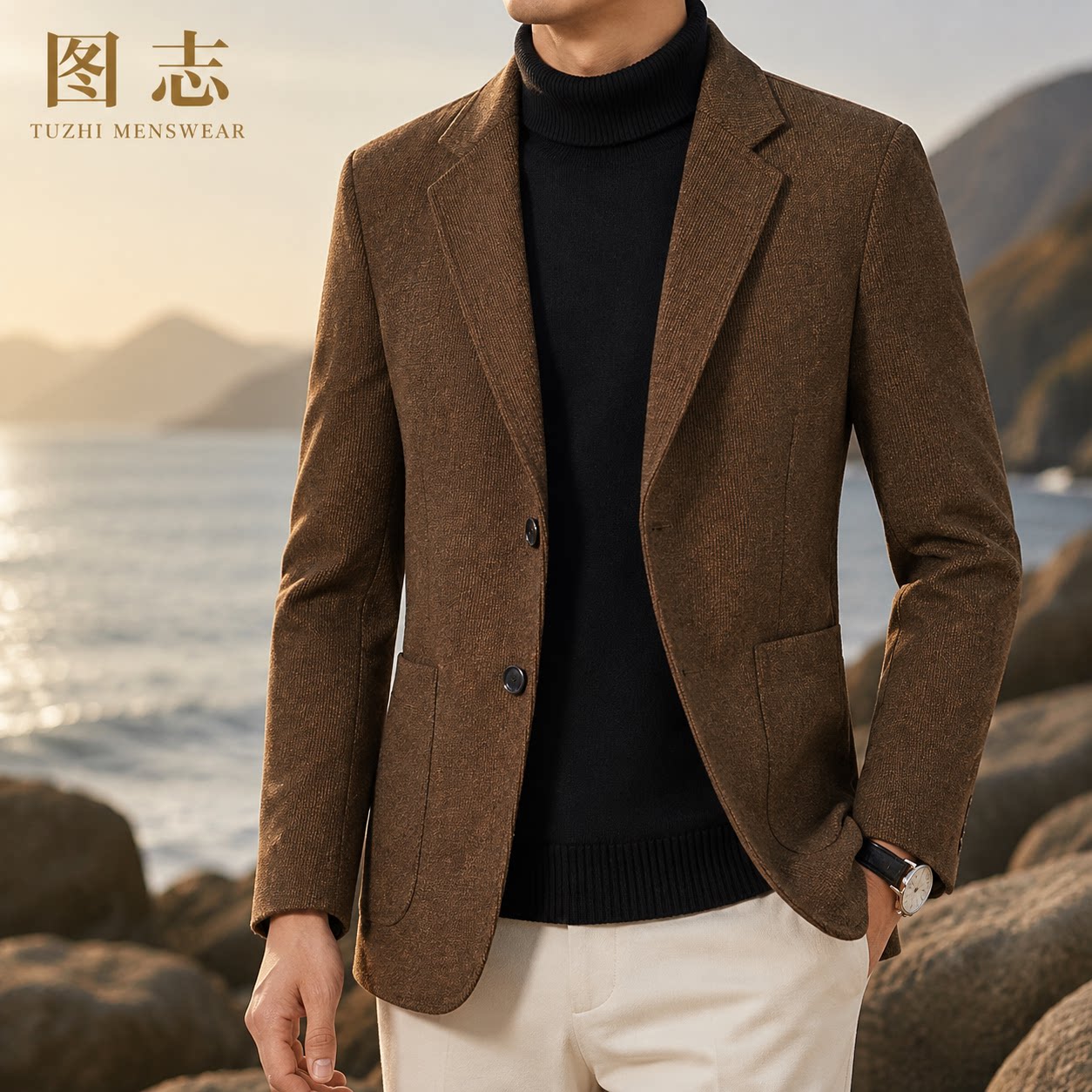图志中年男士毛呢修身商务西服