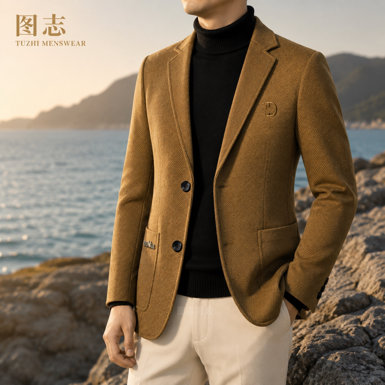 春秋季商务中年夹克男士商务休闲西服修身单排扣外套中年男装西装