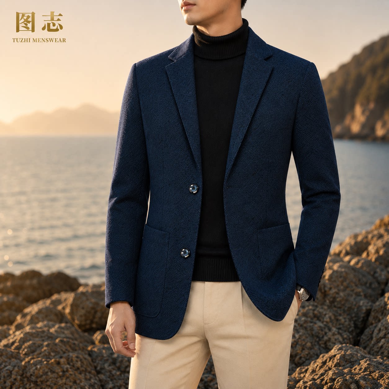 图志男士深蓝修身商务休闲西装