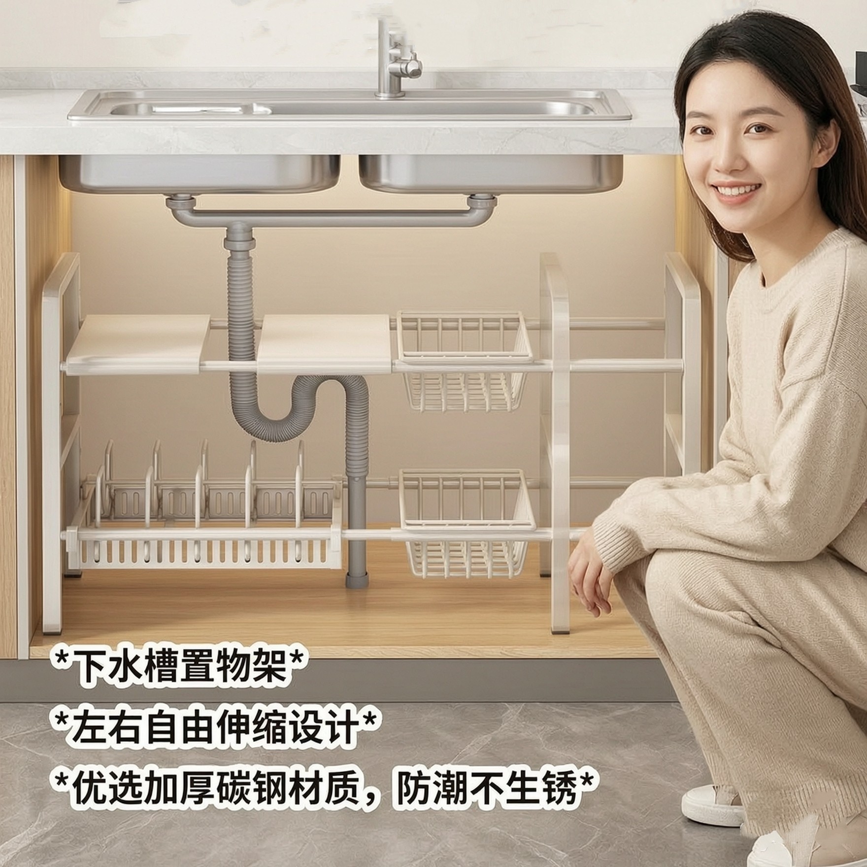 可伸缩下水槽置物架橱柜内分层多功能锅具架子厨房储物收纳架