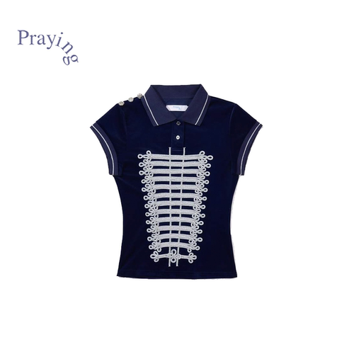Praying复古女士深蓝Polo衫26秋