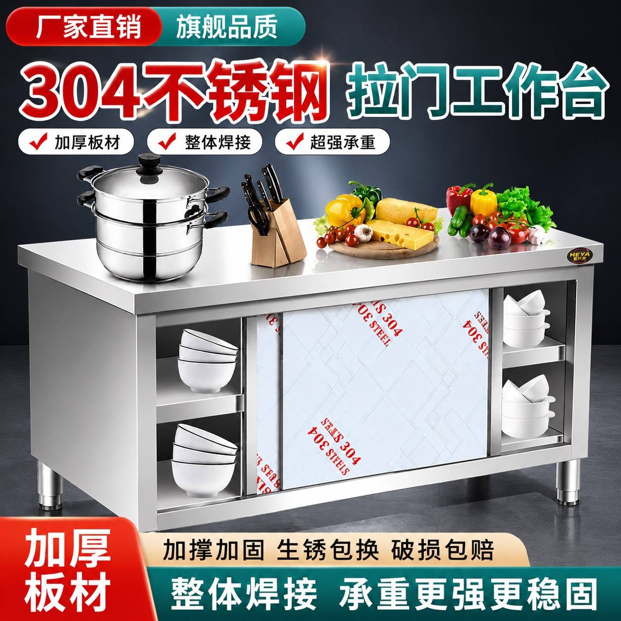 厨房不锈钢操作台拉门工作台收纳柜商用加厚不锈钢砧板桌子定制