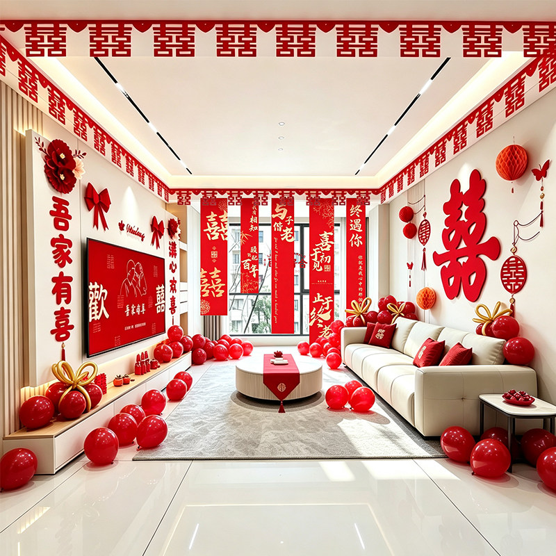 婚房布置套装结婚室内装饰布置喜字吊顶装饰婚礼用品喜庆场景装饰