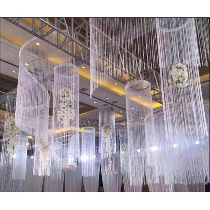 成品婚庆白色加密线帘西式婚礼舞台背景布置吊顶圆环银丝流苏吊帘