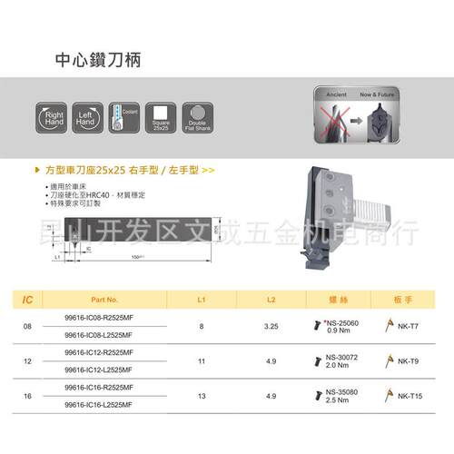 中心钻方型车刀座25X25右手型/左手型99616-IC08/12/16-R/L2525MF
