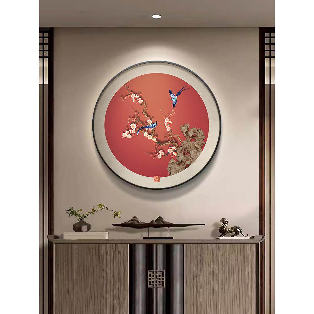 喜上眉梢玄关装饰画新中式餐厅红色喜庆挂画客厅背景墙圆形花鸟画