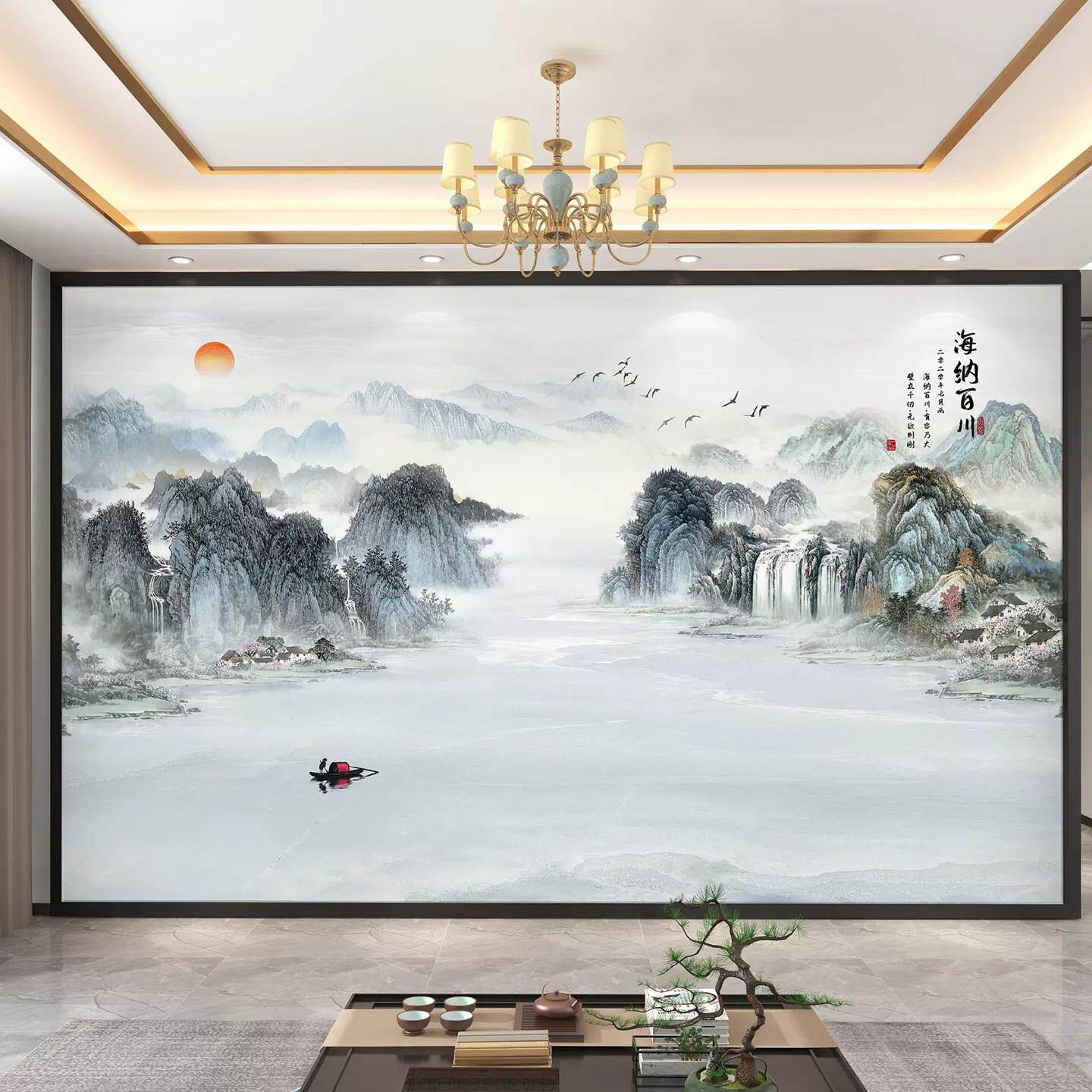 新中式电视背景墙壁布3d立体壁画客厅山水画壁纸影视墙布定制壁纸
