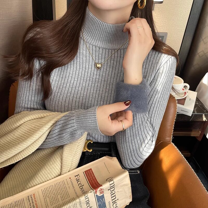秋冬一体绒毛衣女半高领