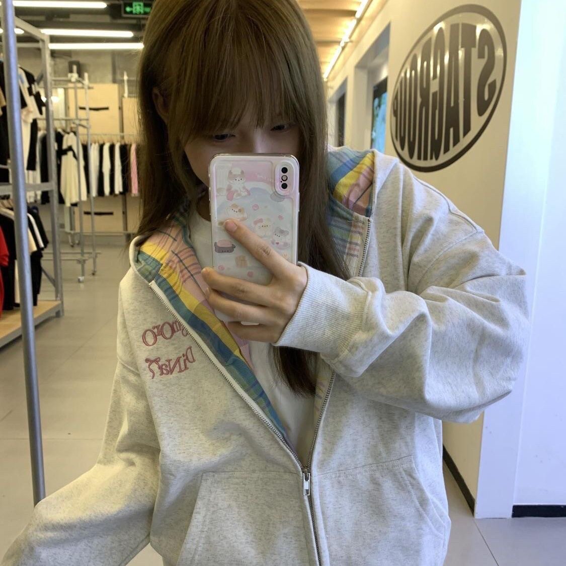 美式港风彩色格纹拼接连帽拉