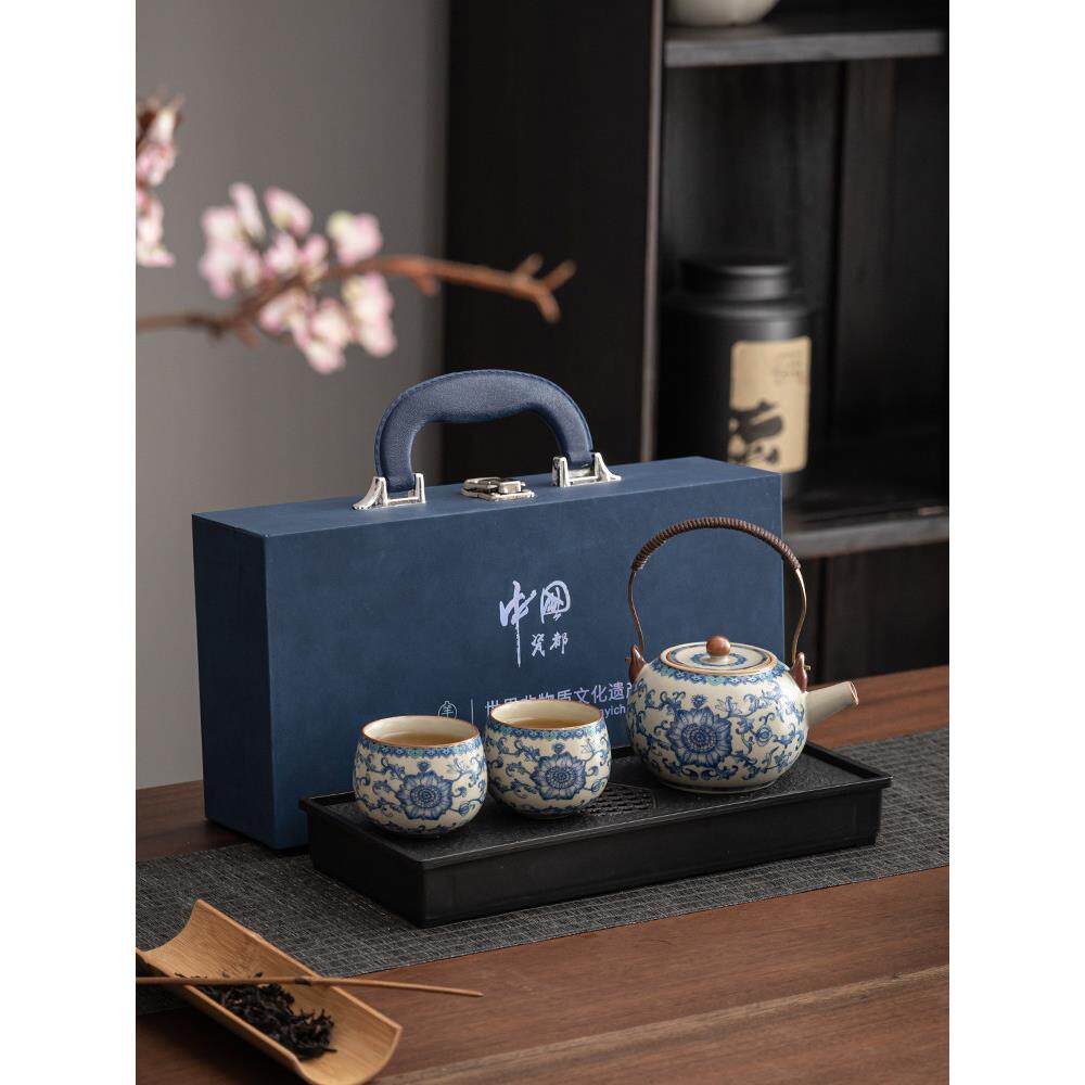 景德镇米黄汝窑青花功夫茶具套装家用办公室泡茶陶瓷茶壶杯礼盒礼