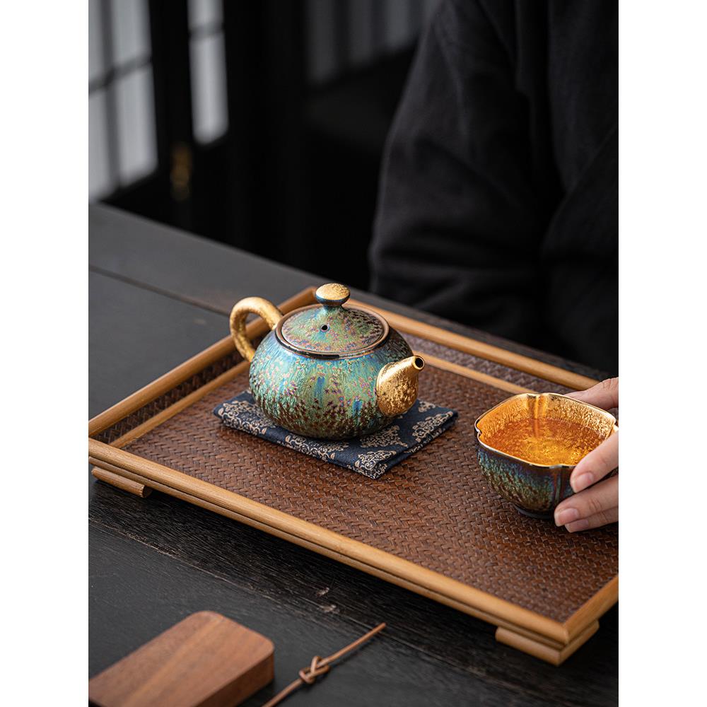 窑变七彩孔雀鎏金茶壶西施纯金带过滤功夫茶具家用办公泡茶壶单壶