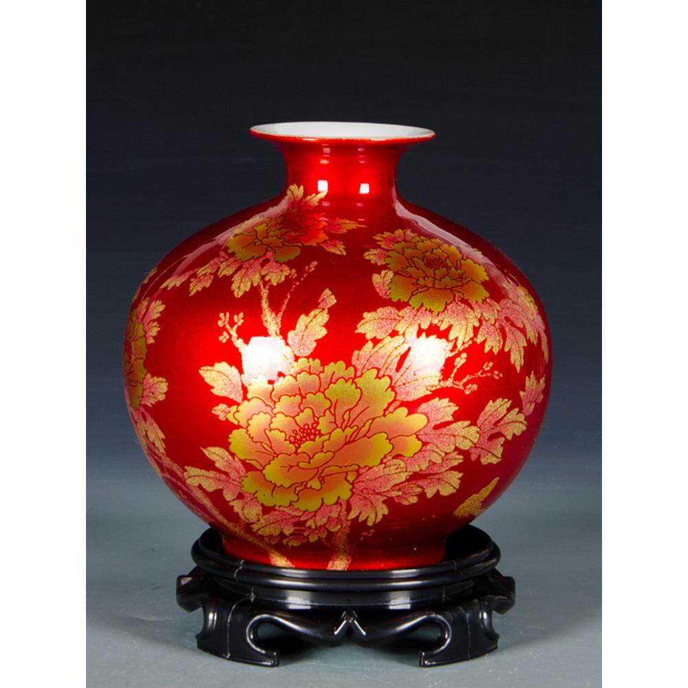 景德镇陶瓷器中国红色水晶釉石榴花瓶插花创意家居客厅装饰品摆件