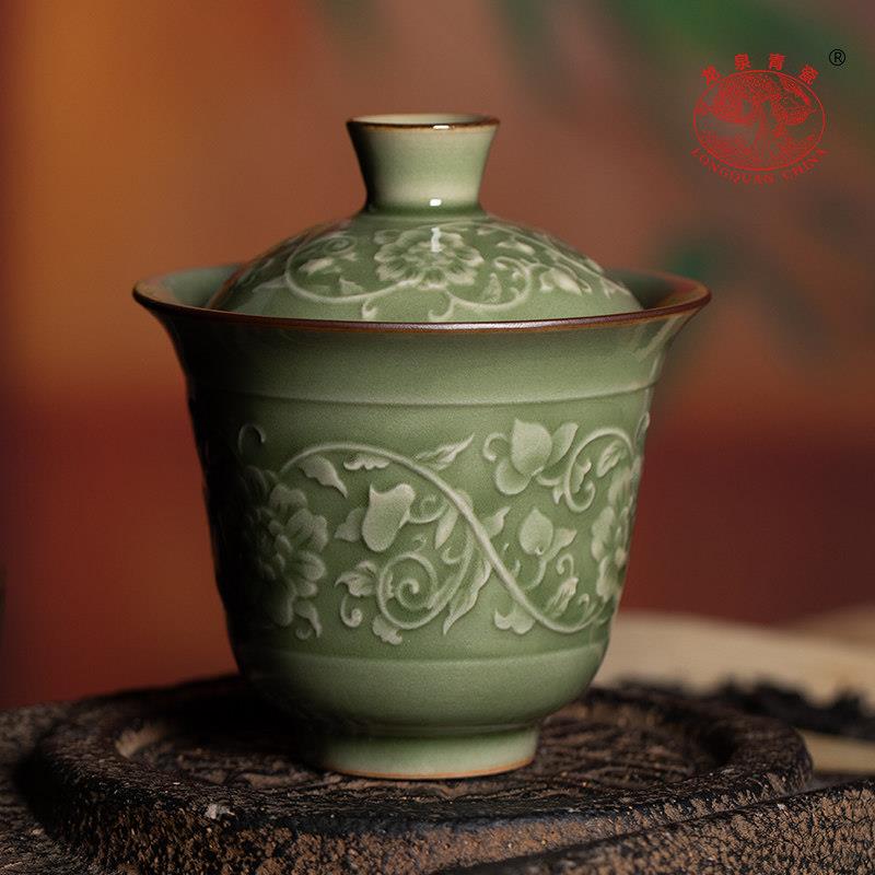 龙泉青瓷正品手抓防烫泡茶碗两才盖碗茶杯中式功夫茶具陶瓷喝茶碗