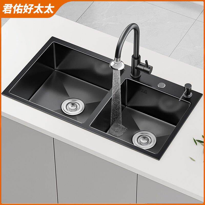 黑金刚加厚304不锈钢手工水槽大双水槽纳米抗菌厨房家用洗碗洗菜