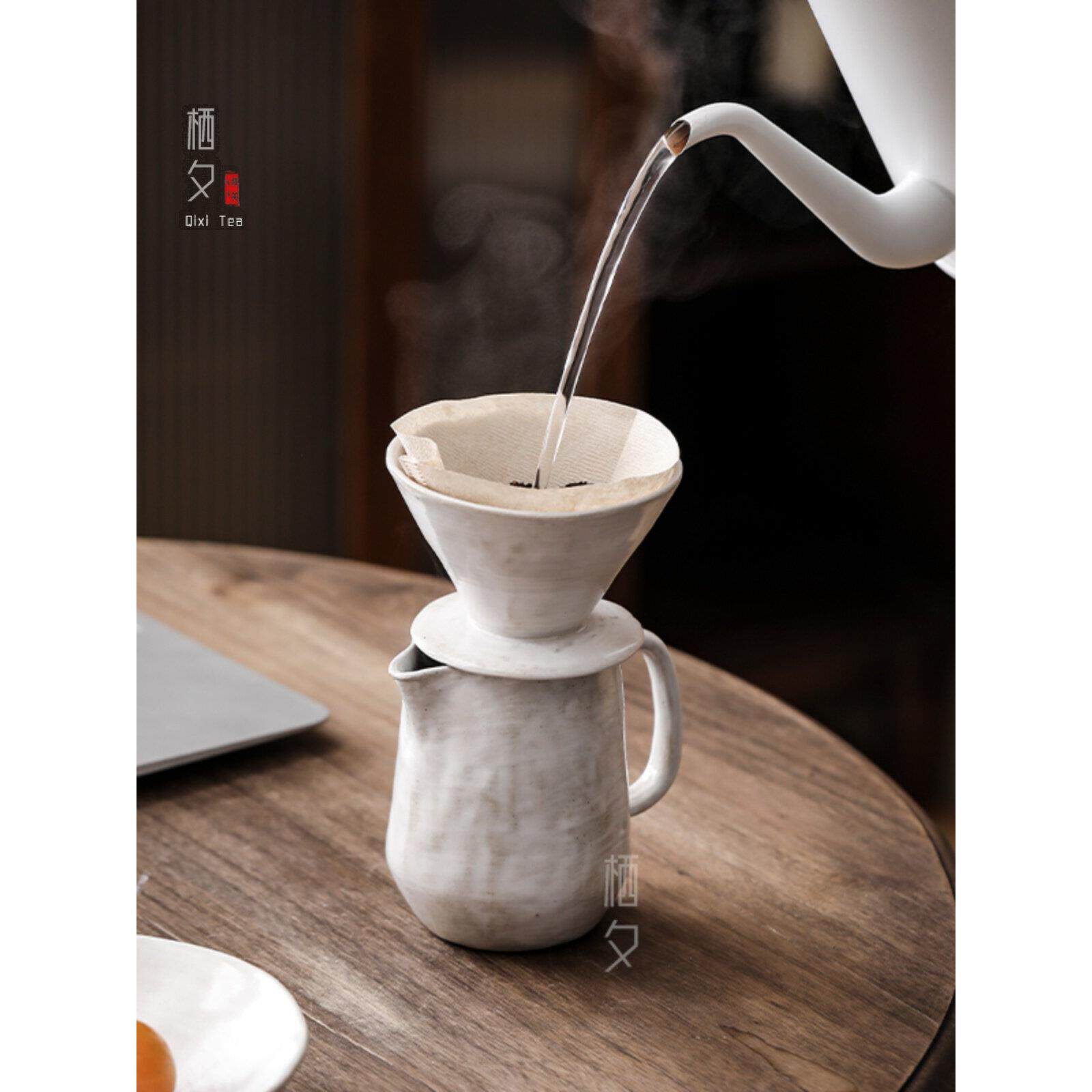 粉引手冲咖啡壶过滤套装家用粗陶侘寂下午茶咖啡滤杯茶杯咖啡器具