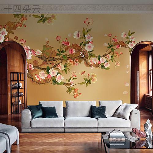 中式富贵海棠背景墙卧室壁画客厅装饰墙布覆古花鸟壁纸电视墙壁布
