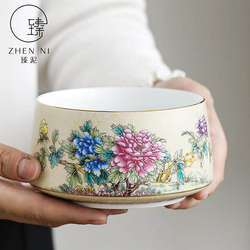 臻泥珐琅彩茶洗中式陶瓷描金杯洗家用水盂功夫茶具配件茶渣缸建水